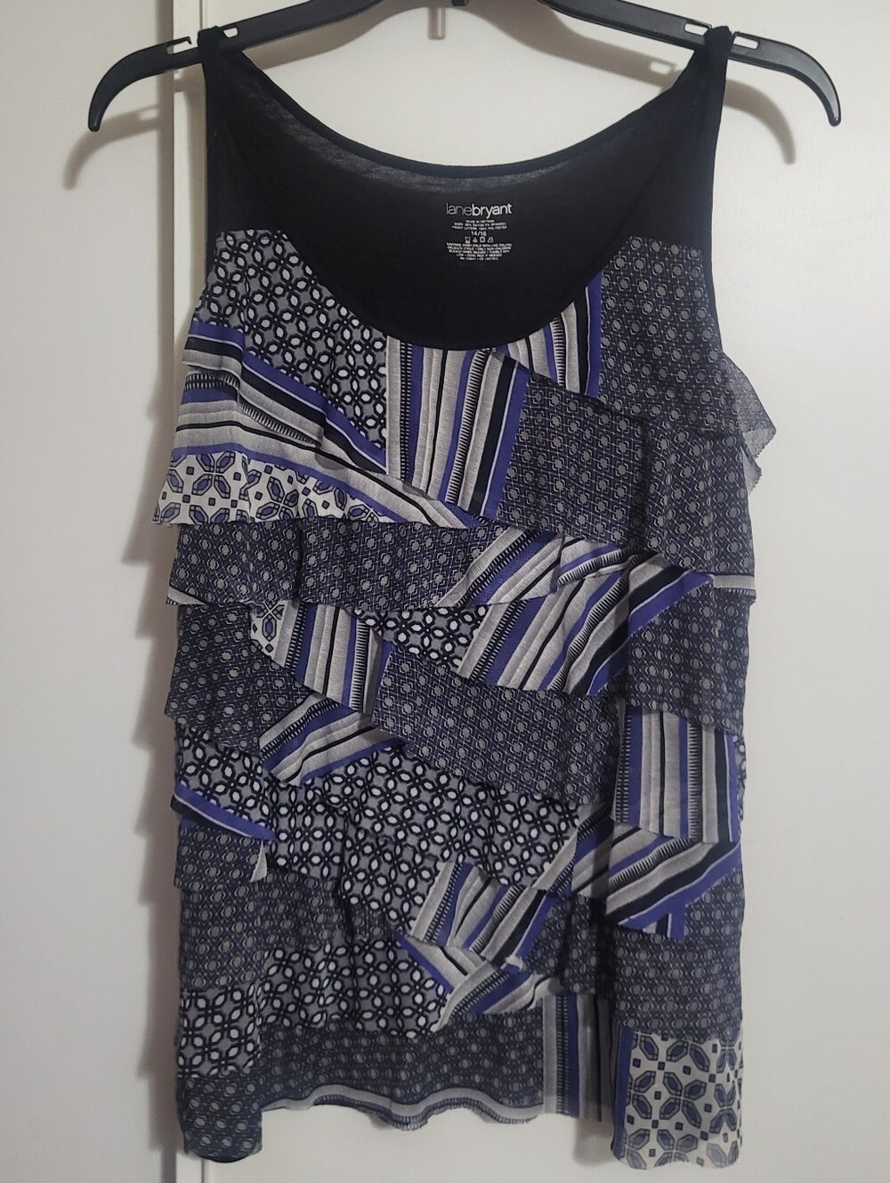Lane Bryant Black, White & Blue Patterned Ruffle Tank